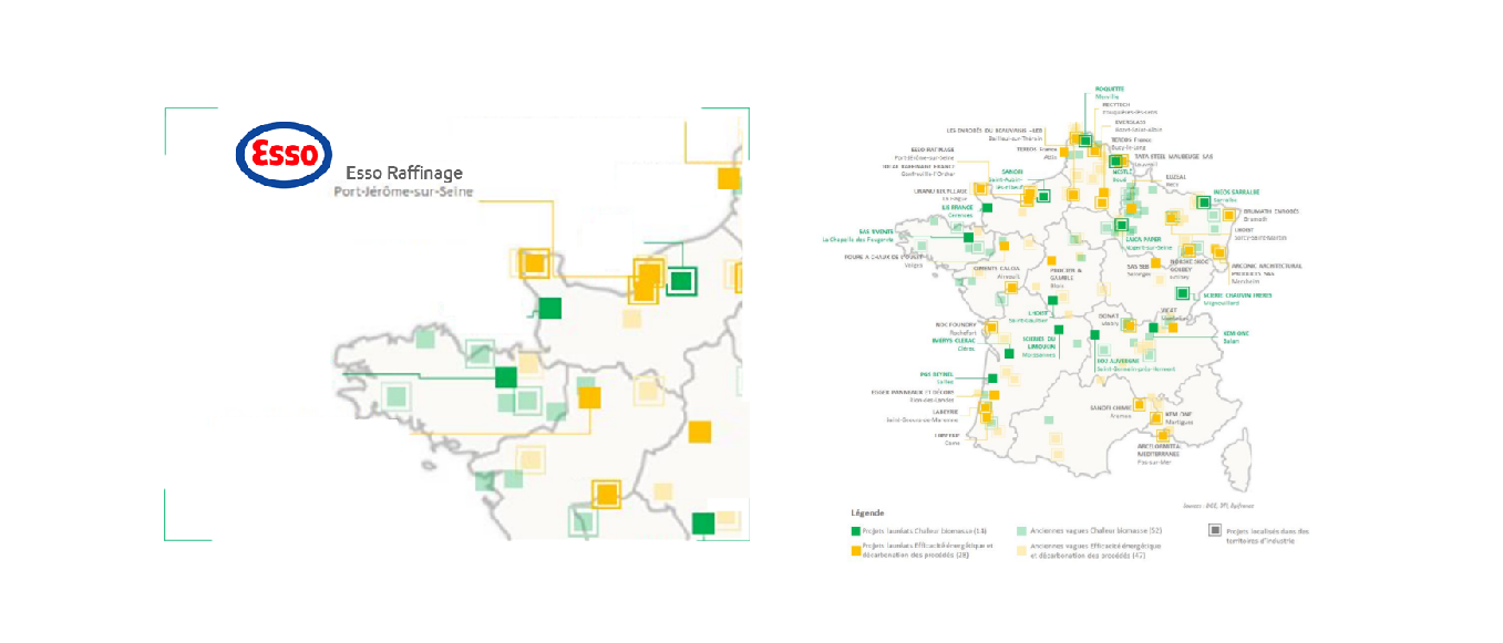 Carte des projets financés par France Relance dans la catégorie efficacité énergétique et décarbonation des procédés
